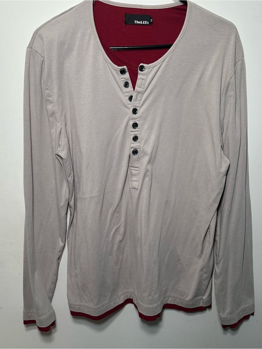 TheLEES XL Long Sleeve Henley Shirt Gray Red Layered Look 100% Cotton Men's - Picture 5 of 16